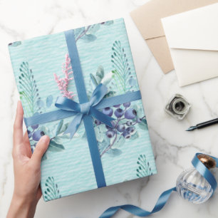 Papier Cadeau Berries pourpres et plumes bleues sur Turquoise pr