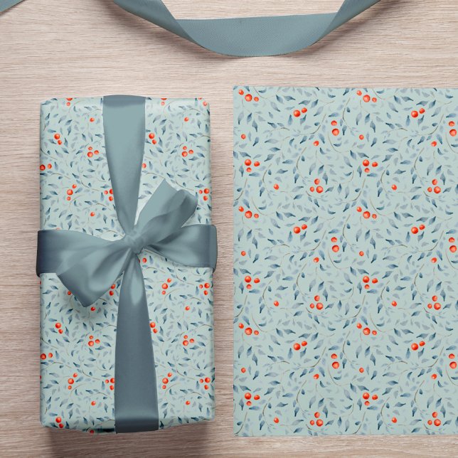 Papier Cadeau Berries rouges de Noël motif moderne élégant gris (Créateur téléchargé)
