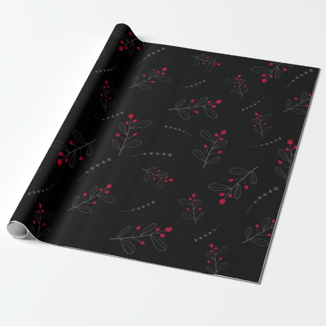 Papier Cadeau Berries rouges et Feuilles Noir de Noël (Déroulé)