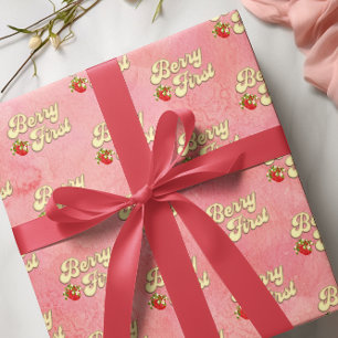 Papier Cadeau Berry 1er Anniversaire Rose Blanc Fraise Or