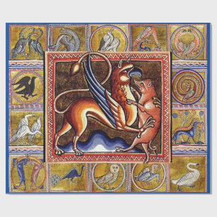 Papier Cadeau BESTIAIRE MÉDIÉVAL, GRIFFIN, BAR SAUVAGE, Animaux
