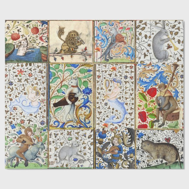 PAPIER CADEAU BESTIAIRE MÉDIÉVAL JOUER DES INSTRUMENTS MUSICAUX (Plat)