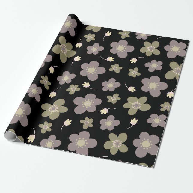 Papier Cadeau Beurre vert pourpre et olive Floral sur noir (Déroulé)