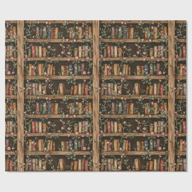 Papier Cadeau Bibliothèques avec vignes en fleurs (Plat)