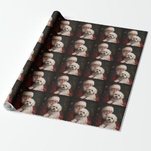 Papier Cadeau Bichon frisé avec le Père Noël Noël festif 