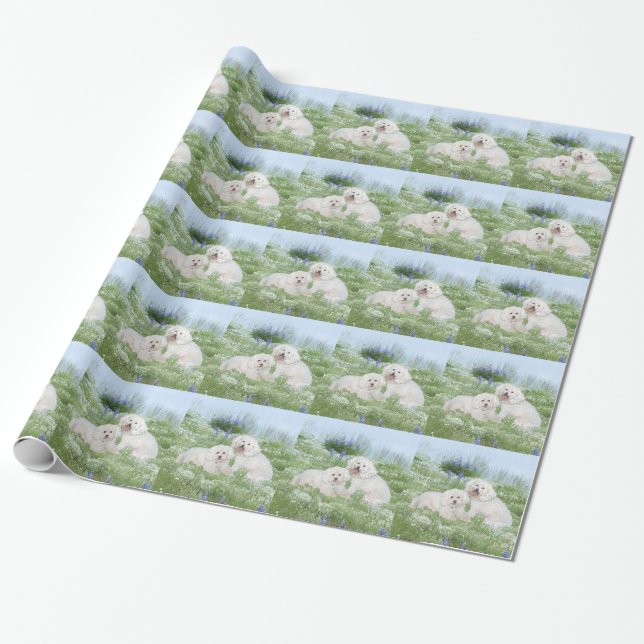 Papier Cadeau Bichon Frise Bleuets (Déroulé)