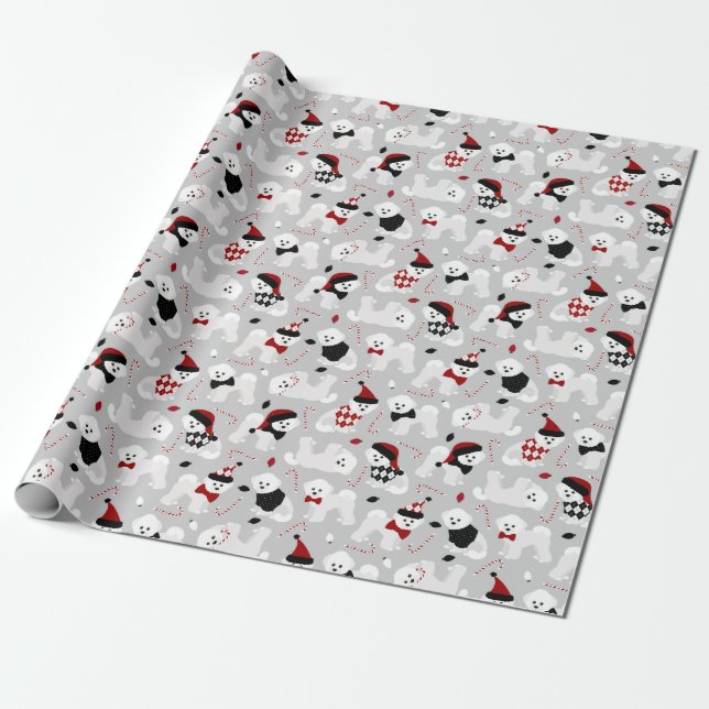 Papier Cadeau Bichon Frise Christmas Grey (Déroulé)