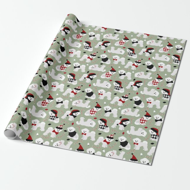 Papier Cadeau Bichon Frise Papier vert de Noël (Déroulé)