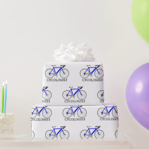 Papier Cadeau Bicyclette bleue avec texte cycologue en blanc