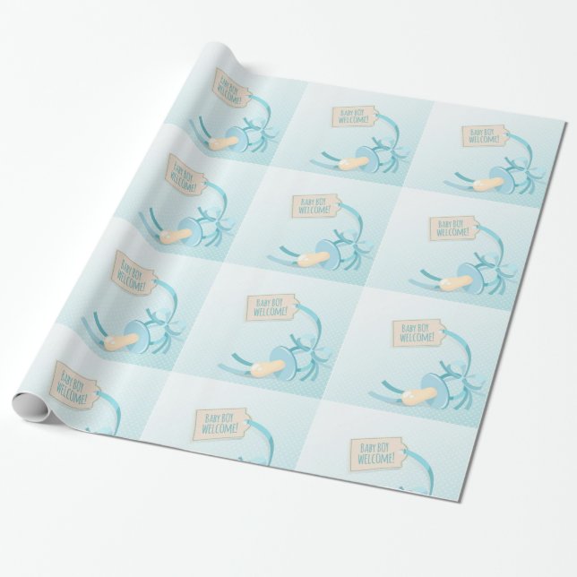 Papier Cadeau Bienvenue Baby Boy avec suce bleue (Déroulé)