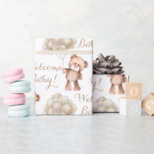 Papier Cadeau Bienvenue bébé ours en peluche brun et ballons