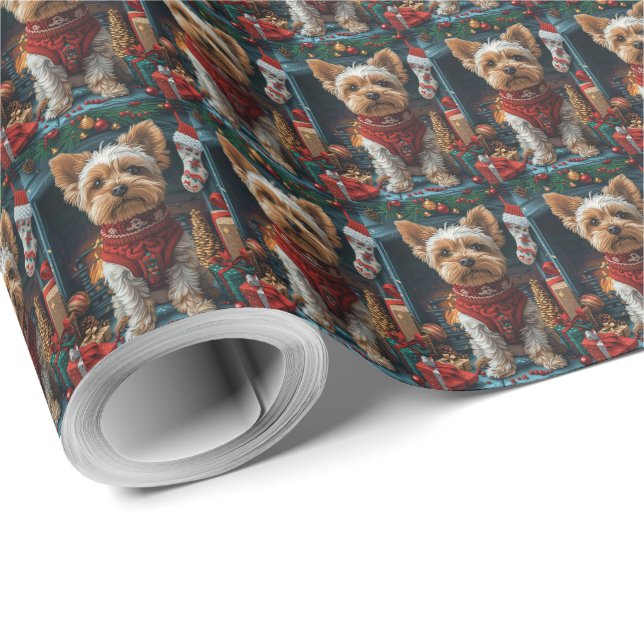 Papier Cadeau Biewer Terrier Chien avec Cheminée Cadeaux de Noël (Coin rond)