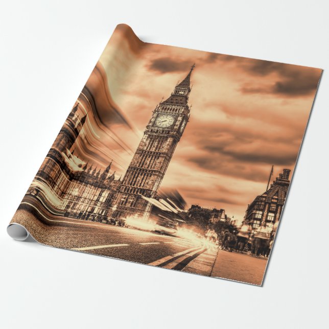 Papier Cadeau Big Ben à Londres dans un style rétro (Déroulé)