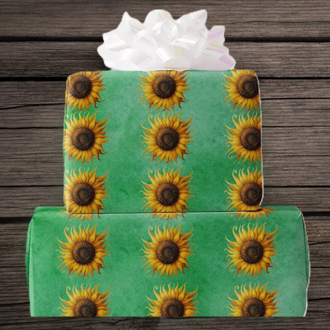Papier Cadeau Big yellow Sunflowers Fancy Petals on Green (Big yellow brown sunflowers fancy petals on green roll of gift wrapping paper.)