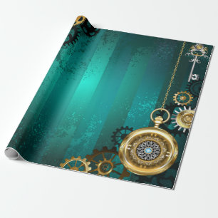 Papier Cadeau Bijou Steampunk Montre sur un Fond Vert