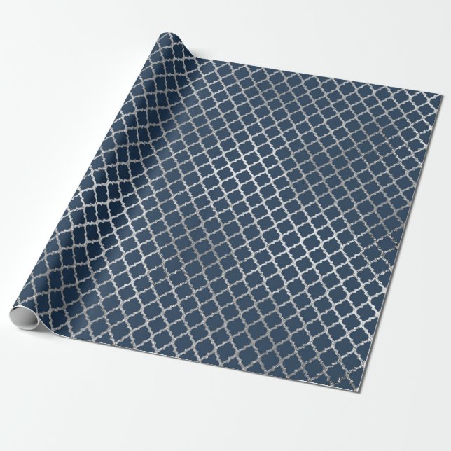 Papier Cadeau Bijoux Quatrefoil Art Déco Blue Navy Argent (Déroulé)