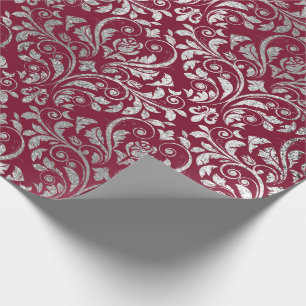 Papier Cadeau Bijoux Royal Damask Floral Maroon Bourgogne Argent