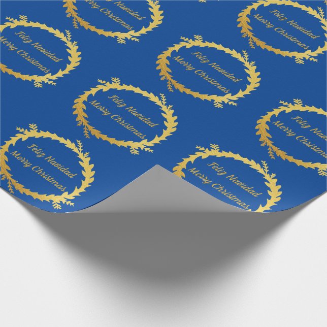 Papier Cadeau Bilingue Bleu Or Feliz Navidad Christmas (Coin)