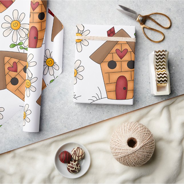 Papier Cadeau Birdhouse Et Fleurs (Créateur téléchargé)
