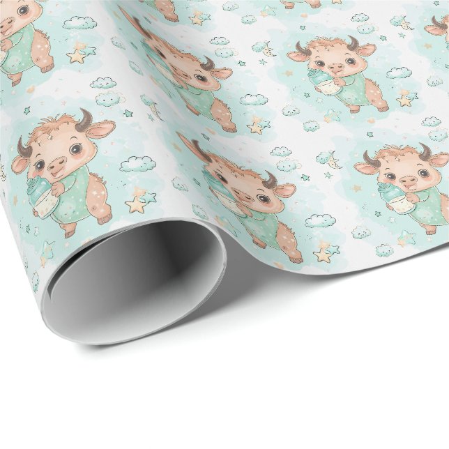 Papier Cadeau Bison mignonne Bébé Pastel Motif d'aquarelle (Coin rond)