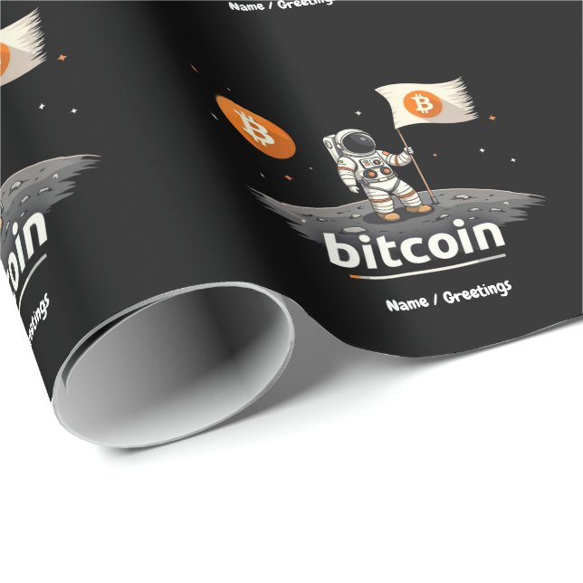 Papier Cadeau Bitcoin Crypto Moon Astronaut Design BTC (Coin rond)