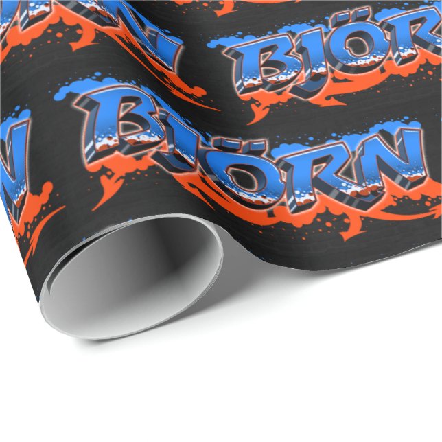 Papier Cadeau Björn prénom Graffiti blue orange (Coin rond)