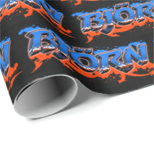 Papier Cadeau Björn prénom nom graffiti bleu orange