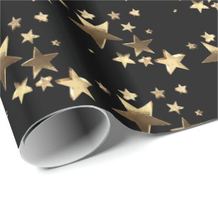 Papier Cadeau Black and Gold Christmas Stars Motif Ajouter un te