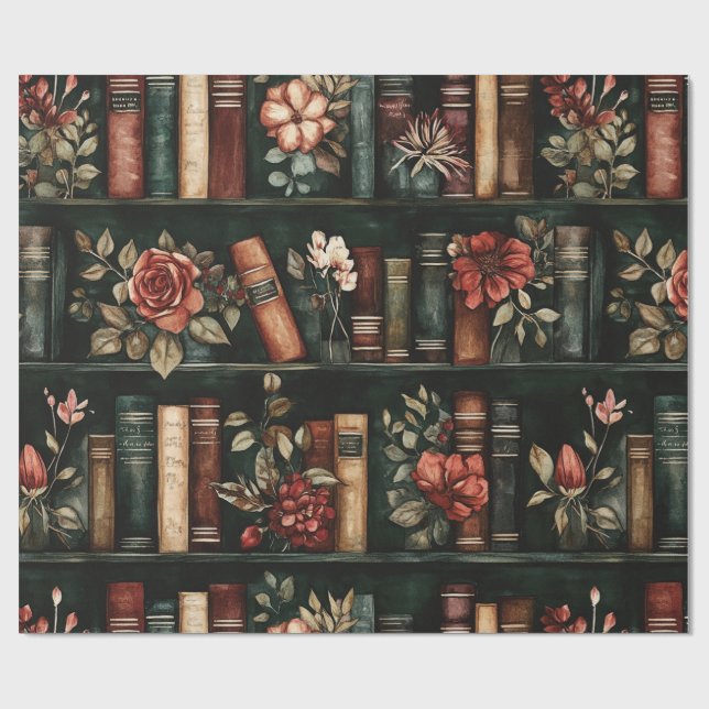 Papier Cadeau Black and Red Books with Flowers on Bookshelf (Plat)