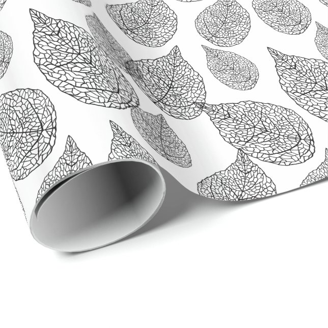 Papier Cadeau Black And White Abstract Leafs Pattern (Coin rond)