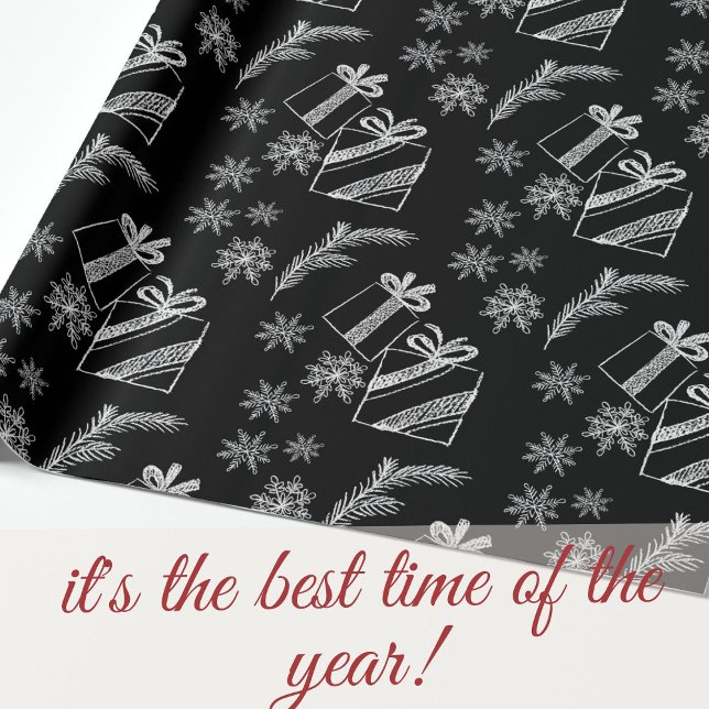 Papier Cadeau  Black and White Chalk Christmas Gifts and Snow (Créateur téléchargé)