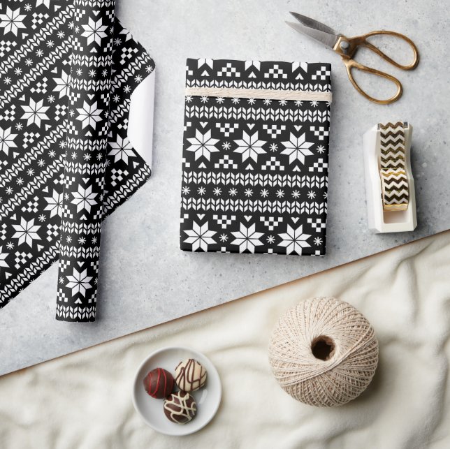 Papier Cadeau Black and White Fair Isle Sweat de Noël Imprimer (Artisanat)