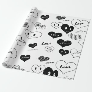 Papier Cadeau Black and White Hearts face Amour Xoxo