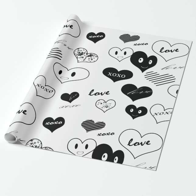 Papier Cadeau Black and White Hearts face Amour Xoxo (Déroulé)