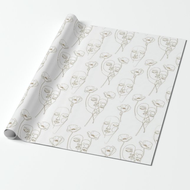 Papier Cadeau Black and White Vintage Floral Face Line Pattern 1 (Déroulé)