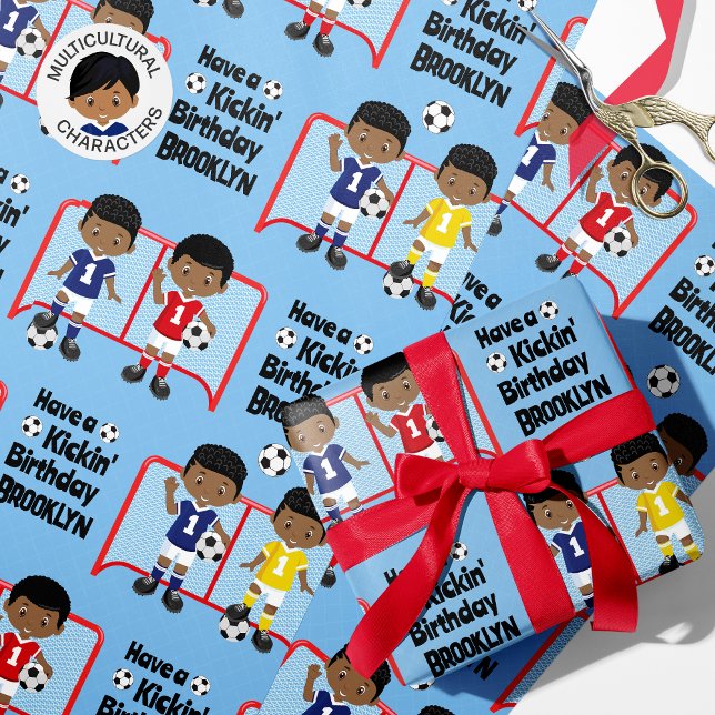 Papier Cadeau Black Boy Soccer Anniversaire Personnalisé (Créateur téléchargé)