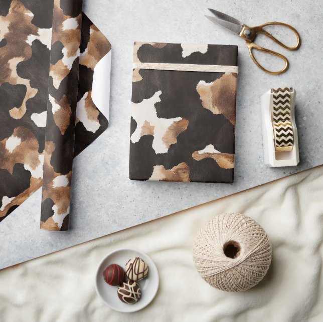 Papier Cadeau Black Brown Cream Cow Print Birthday (Artisanat)