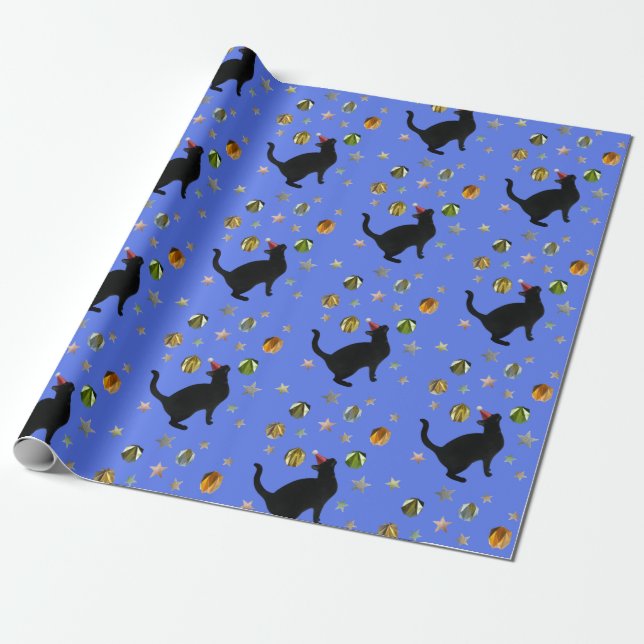 Papier Cadeau Black Cat Gold Stars Blue Wrapper Paper (Déroulé)