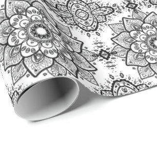Papier Cadeau Black Floral Paisley Mandala Motif
