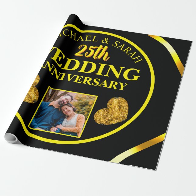 Papier Cadeau Black Gold 25e anniversaire Mariage Cadeaux Couple (Déroulé)