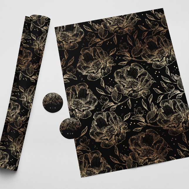 Papier Cadeau Black Gold Faux Élégant Florals Cadeau Mariage (Créateur téléchargé)