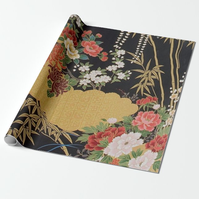 Papier Cadeau Black Gold Japonais Kimono Floral Découpage cadeau (Déroulé)