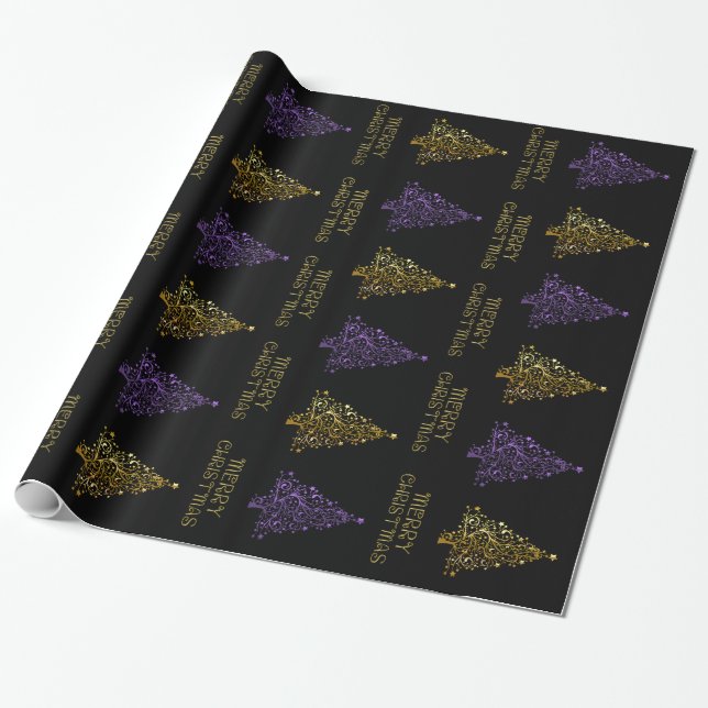 Papier Cadeau Black Gold Purple Élégant Chic Arbre de Noël Star (Déroulé)