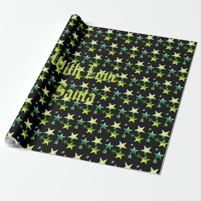 Papier Cadeau Black Green Christmas Stars Motif Ajouter un nom (Déroulé)
