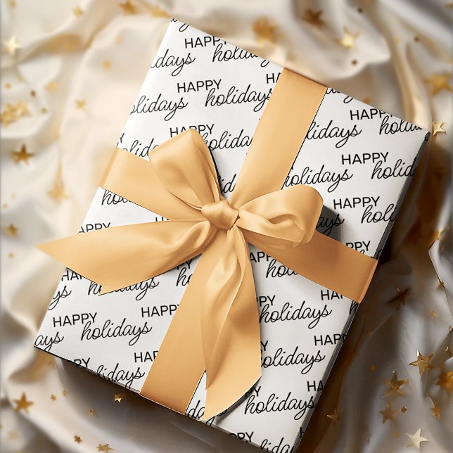 Papier Cadeau Black Happy Holidays Wordart Motif en blanc (Créateur téléchargé)