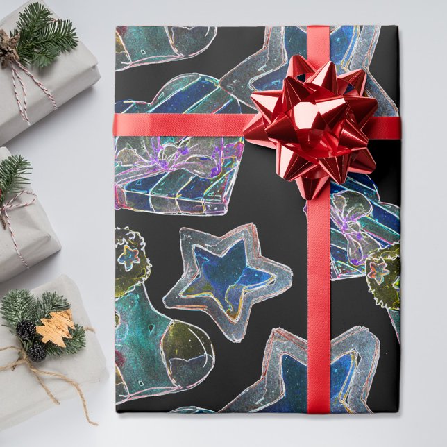 Papier Cadeau Black Light Neon Motif de coeur de Noël (Créateur téléchargé)