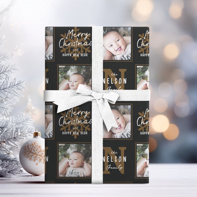 Papier Cadeau Black Merry Christmas Calligraphy Family 2 photo (Black Merry Christmas Calligraphy Family 2 photo Wrapping Paper)