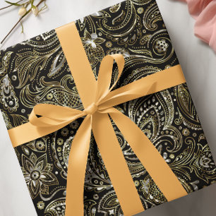 Papier Cadeau Black & Metallic Argent & Or Floral Paisley