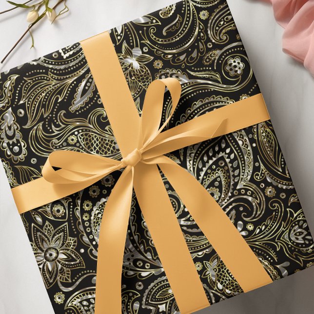 Papier Cadeau Black & Metallic Argent & Or Floral Paisley (Créateur téléchargé)