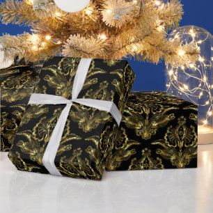 Papier Cadeau Black & Metallo Or Look Motif de Damas Floral